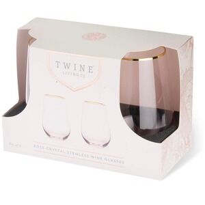 Twine Living Co Rose Crystal Stemless Wine Glasses Set of 2 Gold Rim 18oz